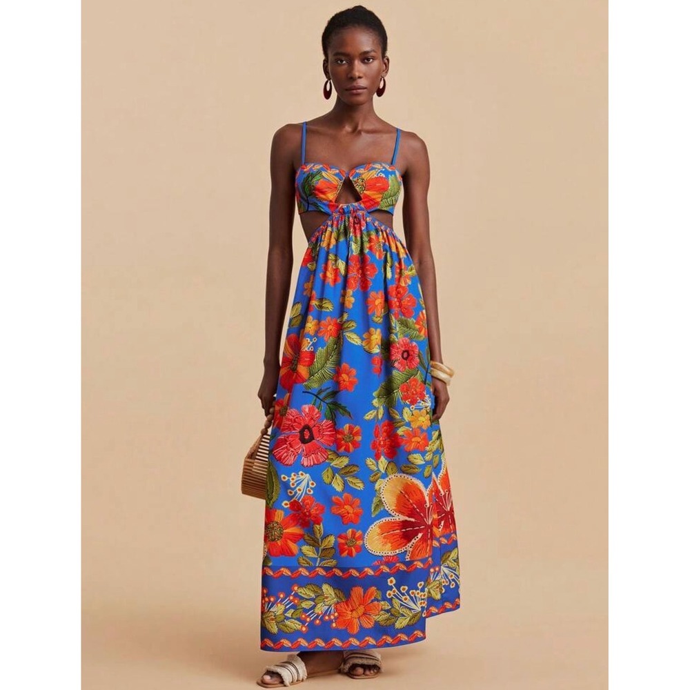 Tropical Floral Cutout Maxi Dress Blue Hibiscus Print Open Back Tie Size M‎